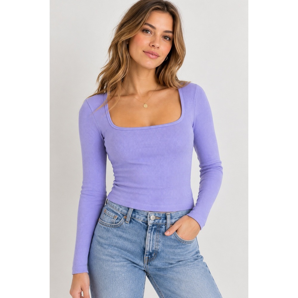 Aritzia TNA Homestretch Womens S Lavender Ribbed Square Neck Long Sleeve Top HTF